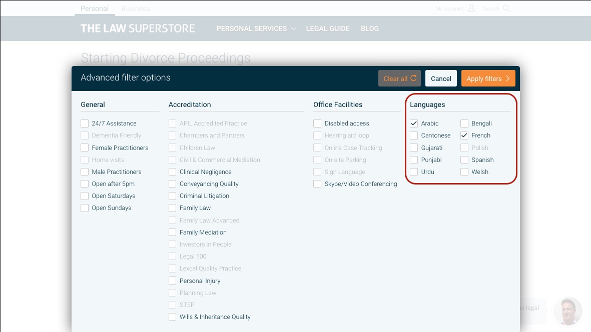 Language filter options on The Law Superstore